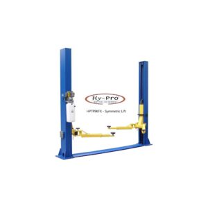 Hy-Pro HPTP9KFX 2 post car lift rated for 9,000 lbs. Floor plate design for low ceiling clearance installation.