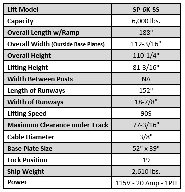 Tuxedo SP-6K-SS single column storage parking lift