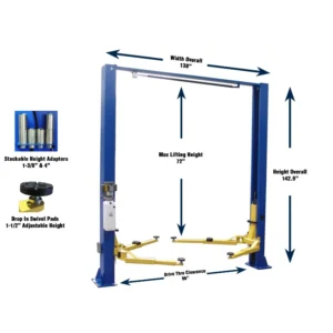 Hy-Pro 9,000 lb clear floor car lift with dimensions.