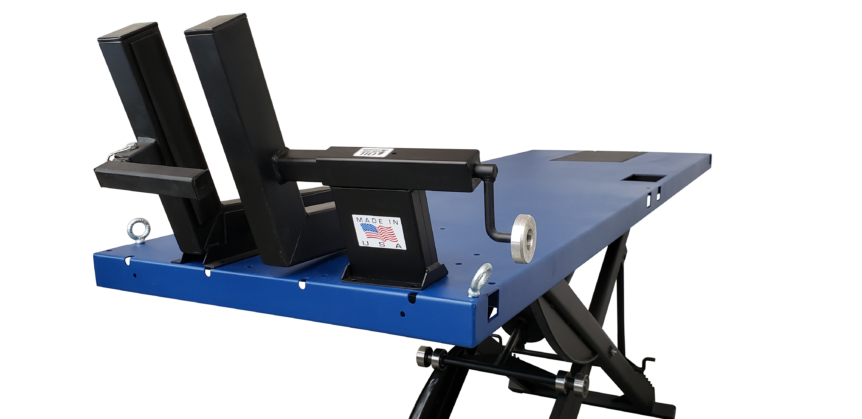 HMC SL-3090 motorcycle lift table in Thunder Blue with CV-2049 cycle vise.