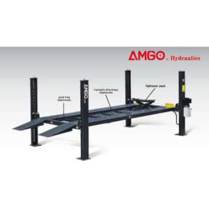 Amgo 408 and 409 parking lifts are designed to store vehicles above while parking another vehicle below it.