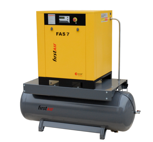 firstAir FAS07 rotary screw air compressor tank mounted with full enclosure. 41 CFM at 10 HP
