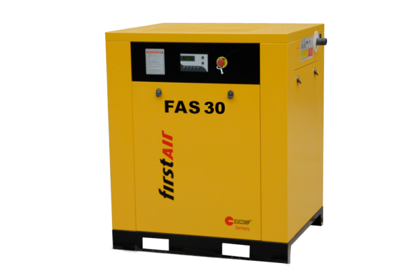 firstAir FAS30 rotary screw air compressor with enclosure. 40HP motor generates over 168CFM of compressed air.