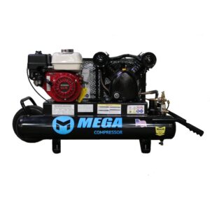 Mega Power MP-5510G with Honda GX 160 gasoline engine air compressor. Wheel barrow style with single wheel and ergonomic lift handle. Contractors air compressor