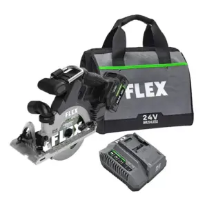 Flex 24V 6 1/2" In-line circular saw kit. Includes battery, charger, Flex tool bag, and saw.