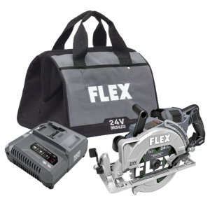 Flex FX2141R rear handle blade left circular saw kit. Includes stacked lithium battery, rapid charger and FlexTools bag.