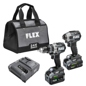 Flex FXM202-2G Stacked Lithium Combo Kit with the 1/4" quick eject hex impact driver and 1/2" Hammer drill