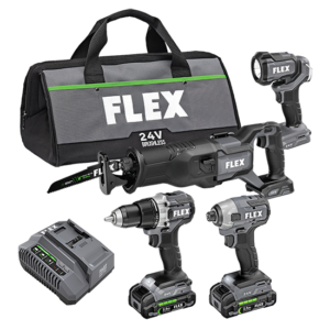 Flex FXM401-2A Combo Kit with Drill Driver, 1/4" Impact, SawZall, and LED work light.