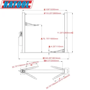 KaTool KT-H105 Floor Plate Car Hoist 10,000 lb capacity with dimensions.