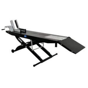 SL-2484B Blacked Out Motorcycle Lift Table with Cycle Vise Rear Corner View