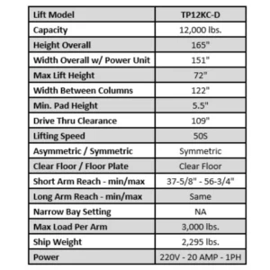 Tuxedo TP12KC-D 12,000 lb heavy duty clear floor hydraulic car hoist