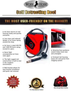 Work Hose Hose Reel - 3/8 diameter super tough hose with retractable reel.